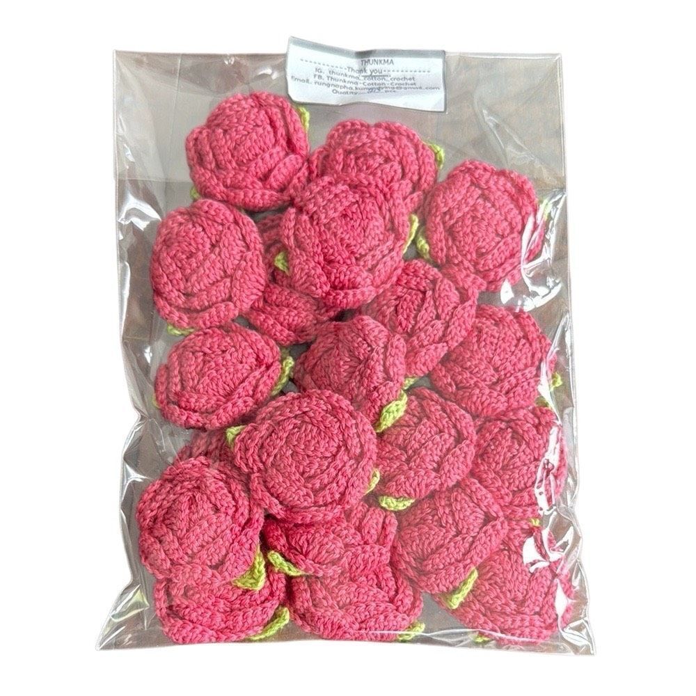 20 Crochet Handmade Cotton Rose Flowers – 1.5” Pink + Green
